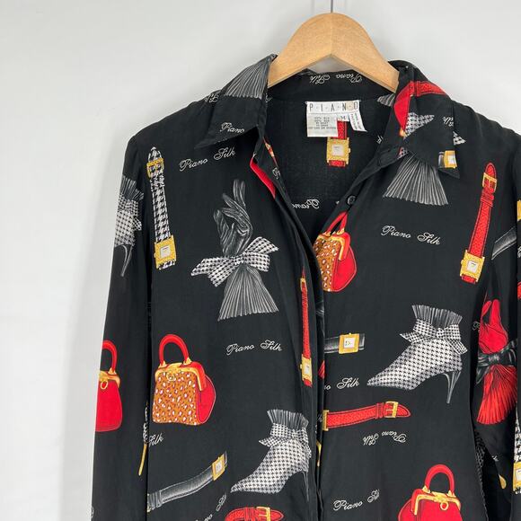 Vintage Baroque Piano Novelty Print 100% Silk Button Down Blouse Medium - Picture 7 of 7